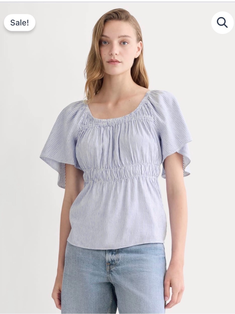 Everlane The Flutter-Sleeve Top in Stretch Linen White / Dutch Blue